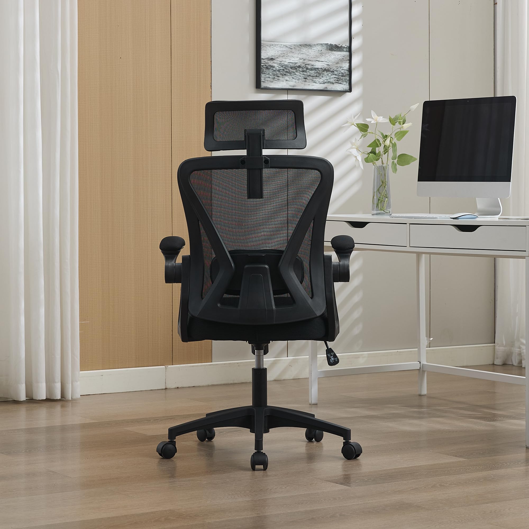 vutizal Ergonomischer Bürostuhl Netz Schwarz mit Verstellbarer Lordosenstütze & Kopfstütze, Schreibtischstuhl Hochlehner mit atmungsaktivem Netzrücken, Drehstuhl für Homeoffice & Büro, Black