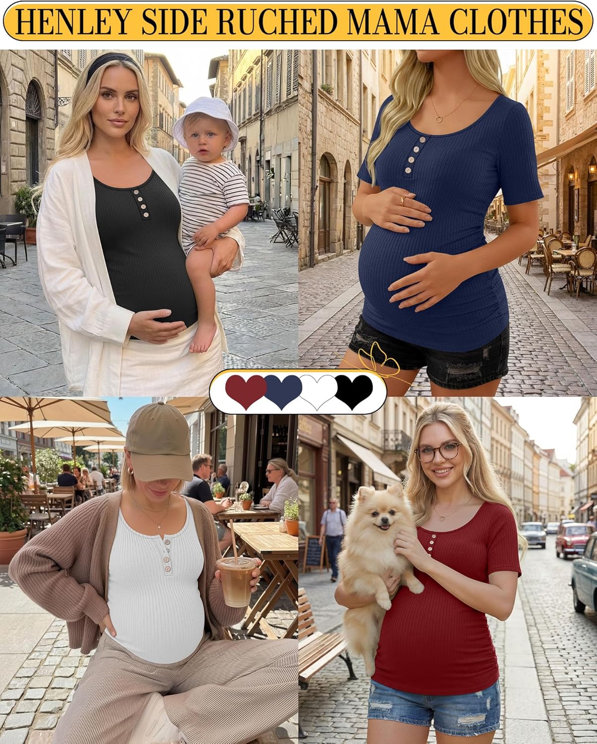 4 Pack Womens Maternity Shirts Scoop Neck Cotton Short Sleeve Ribbed Pregnancy Top Henley Side Ruched Mama Clothes - Image 2