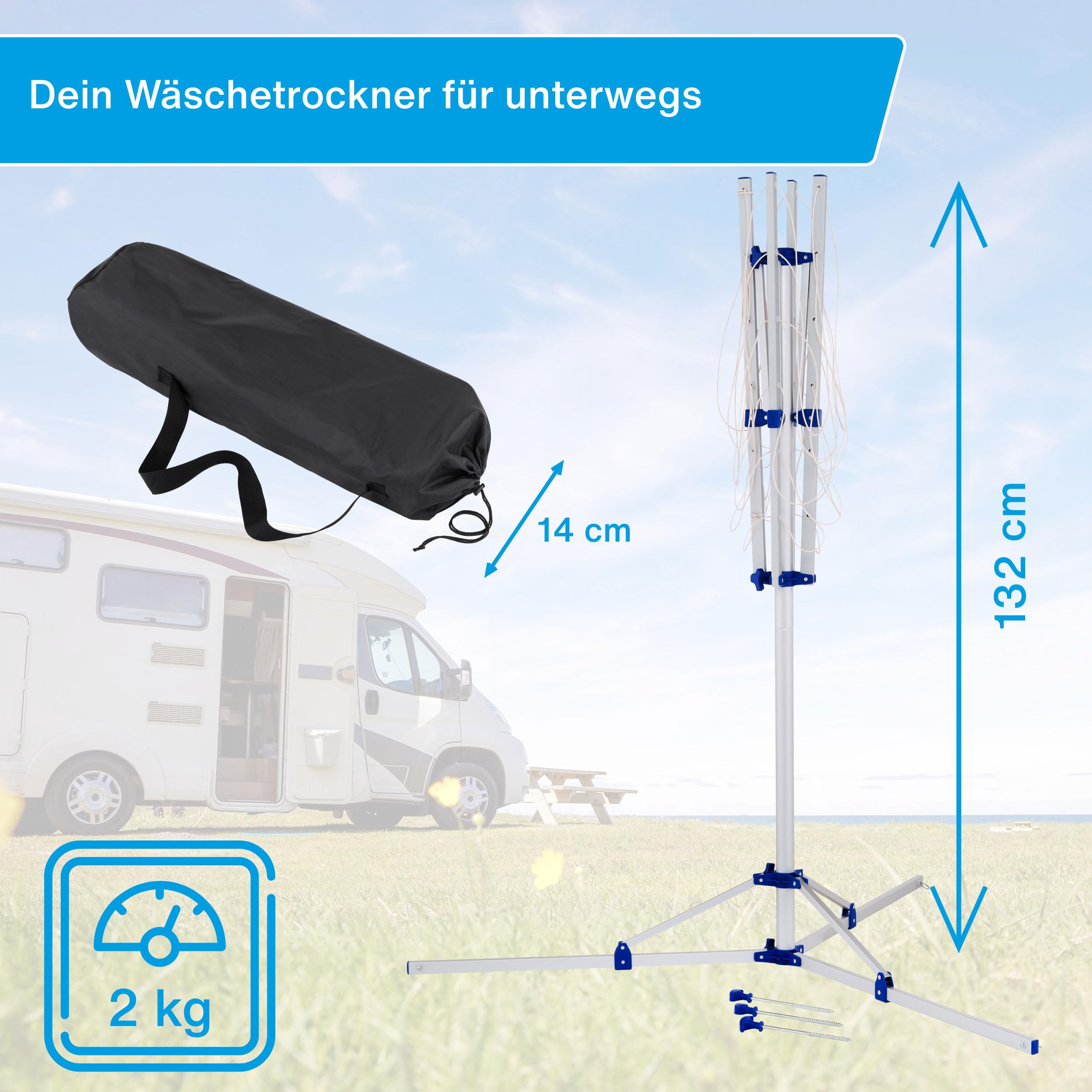 cartrend Caravan Wäschespinne Alu mit Stativ, ultraleicht mit sicherem Stand, stufenlos höhenverstellbar, witterungsbeständig, robust, zusammenklappbar, platzsparend, mit 3 Heringen und 3 Standfüßen