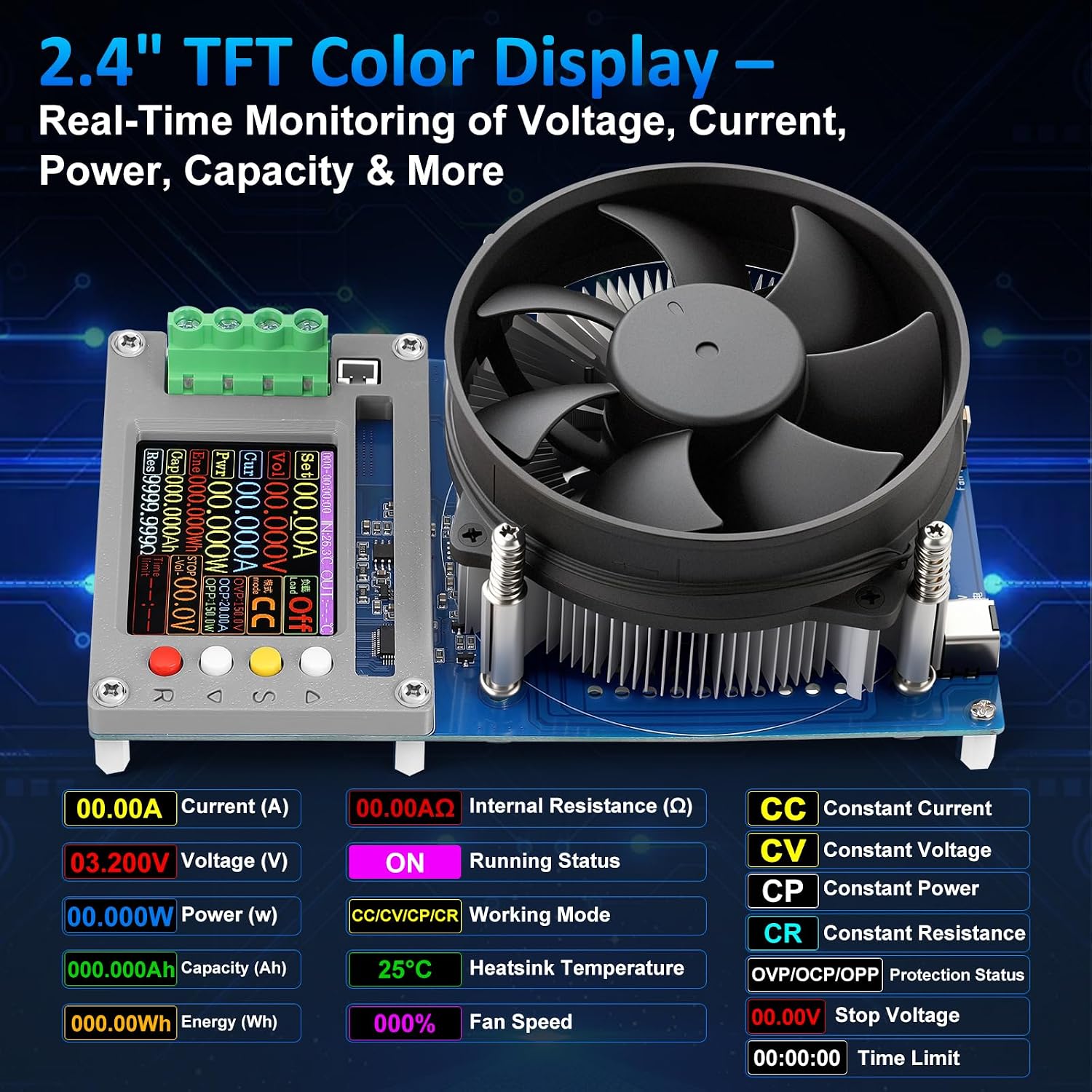 150W 20A Battery Load Tester, 2.4-Inch TFT Display, 4 Test Modes