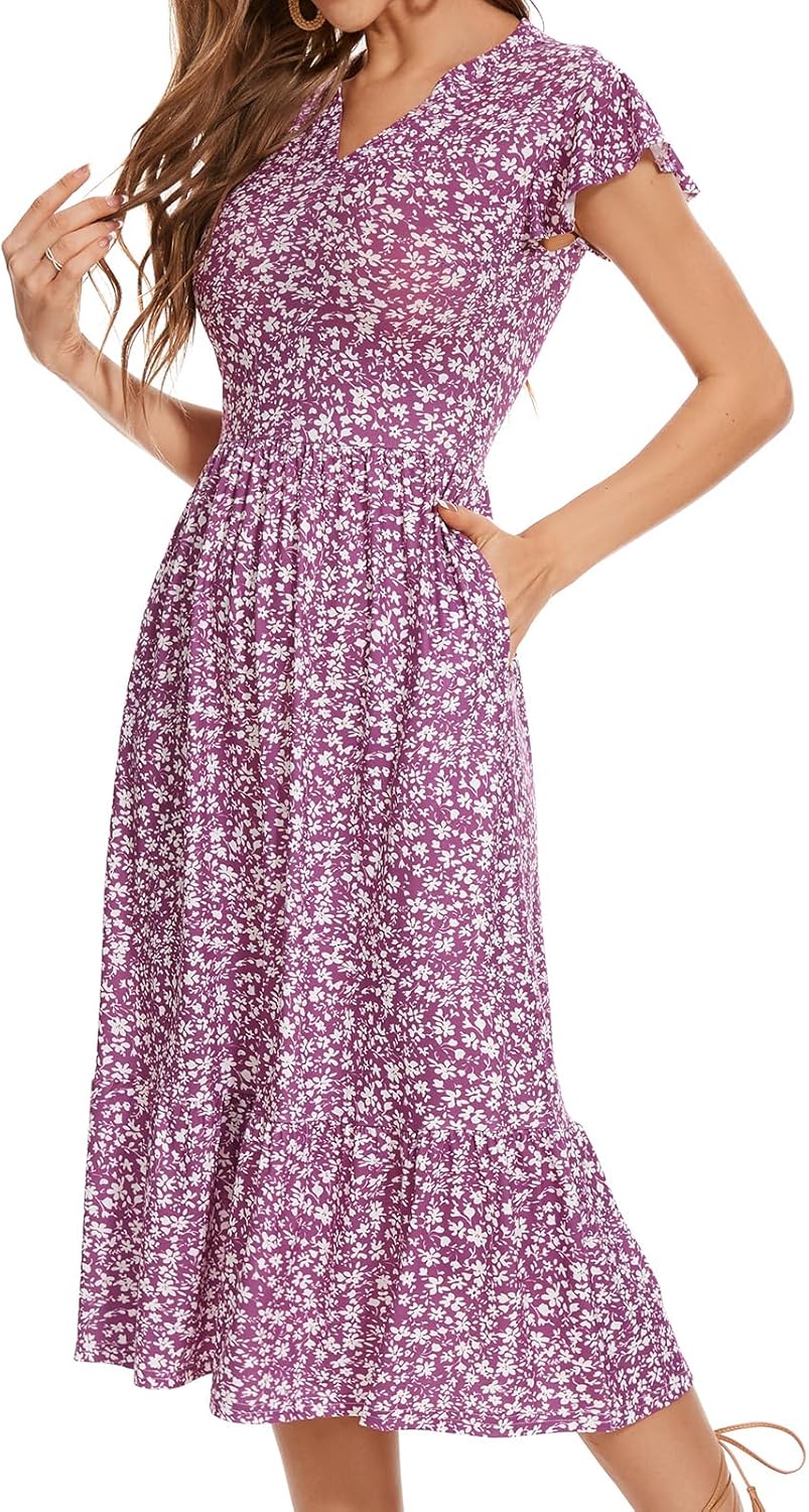 Midi Dresses for Women 2025 Casual with Pockets Ruffle Sleeve Notched Neck A Line Tiered Boho Beach Summer Sundresses - Image 7