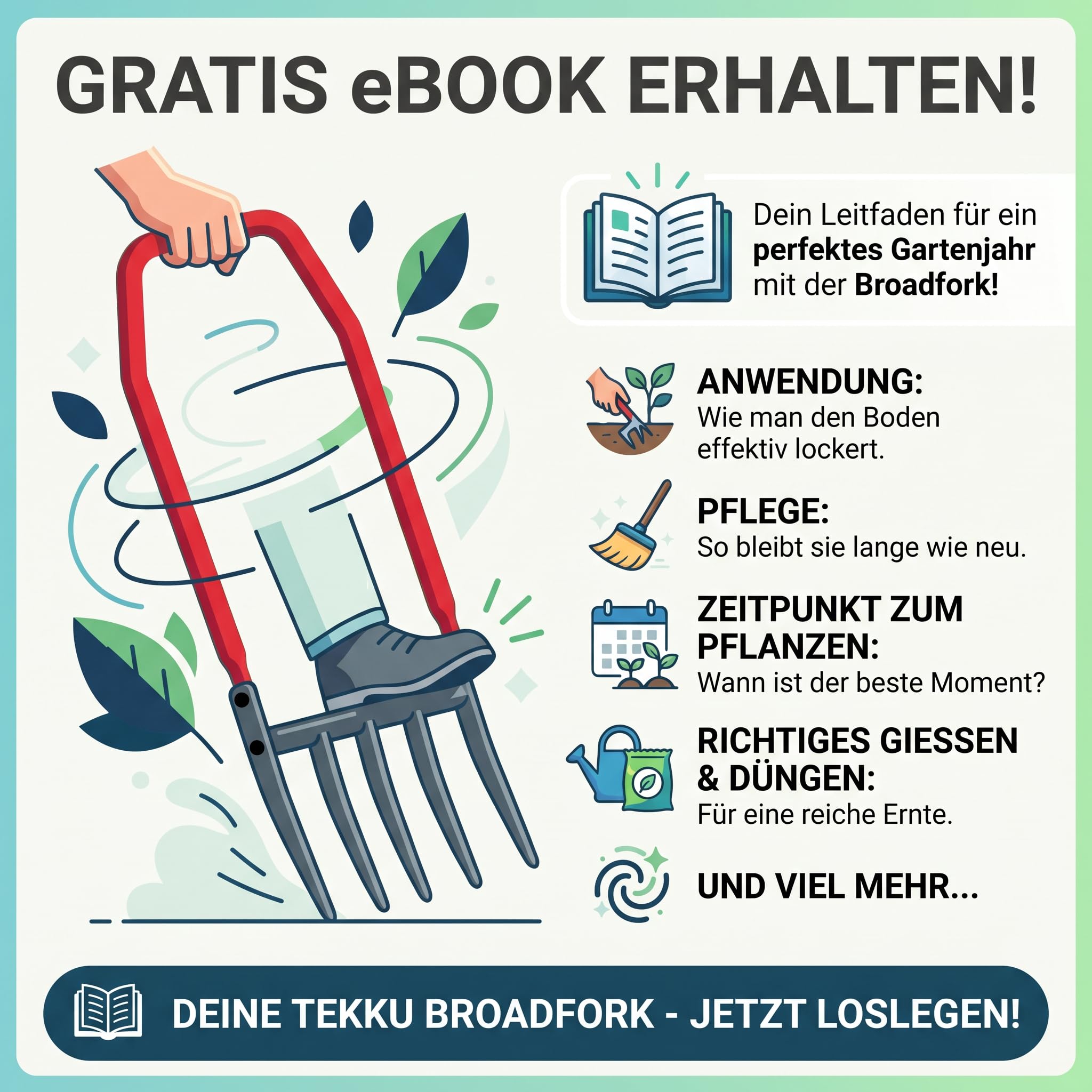 Broadfork Grabegabel 50 cm, die extra stabile Doppelgrabegabel mit 6 mm verstärkten Zinken, inkl. Ebook, rückenschonender Bodenlockerer & Aerifizierer für Harte Böden