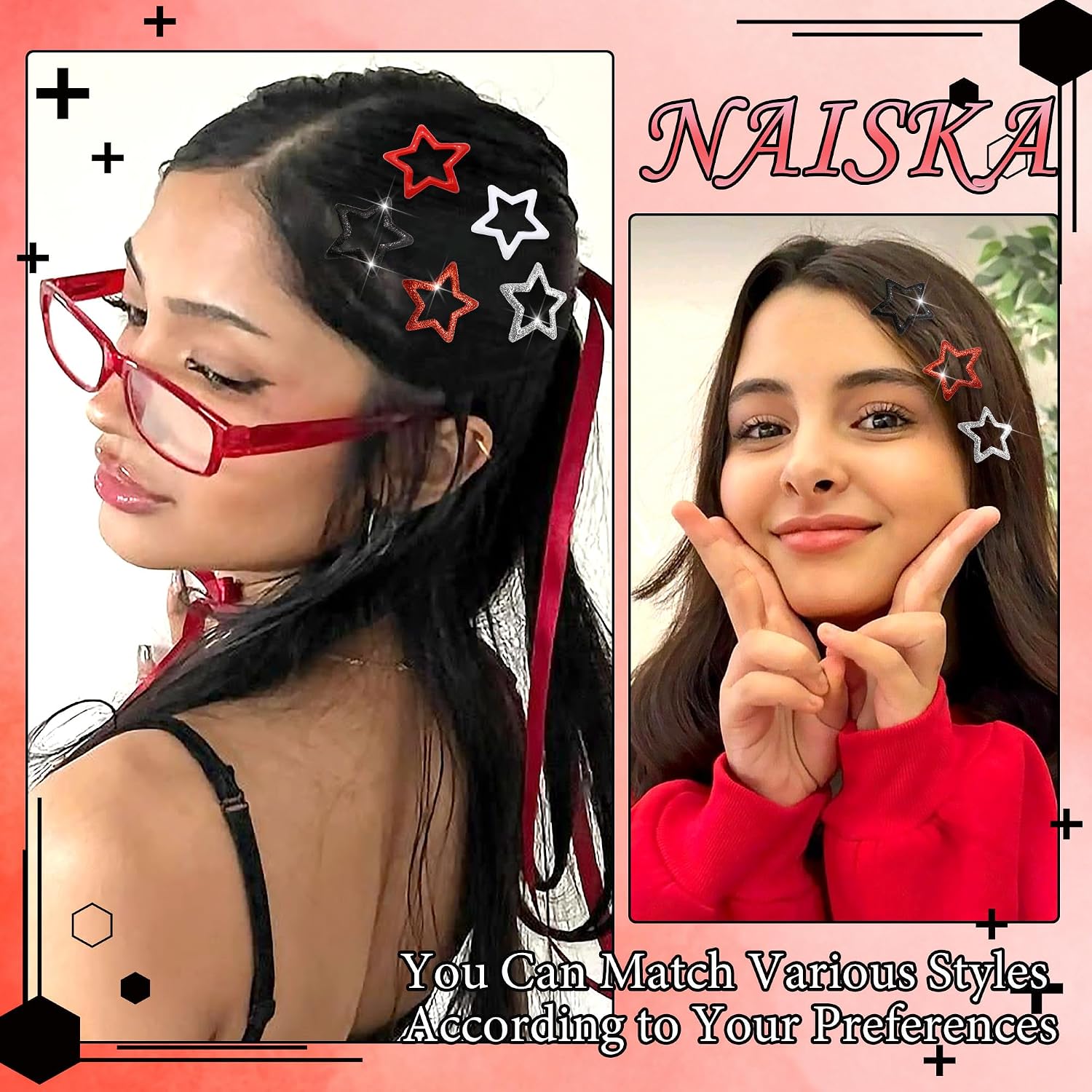 NAISKA 24Pcs Black Red Sequins Star Hair Clips Y2K Star Snap Hair Barrettes for Women Cute Small Metal Clips for Hair Kawaii Metal Hair Pins Girls Barrettes for Hair 2000s Hair Accessories