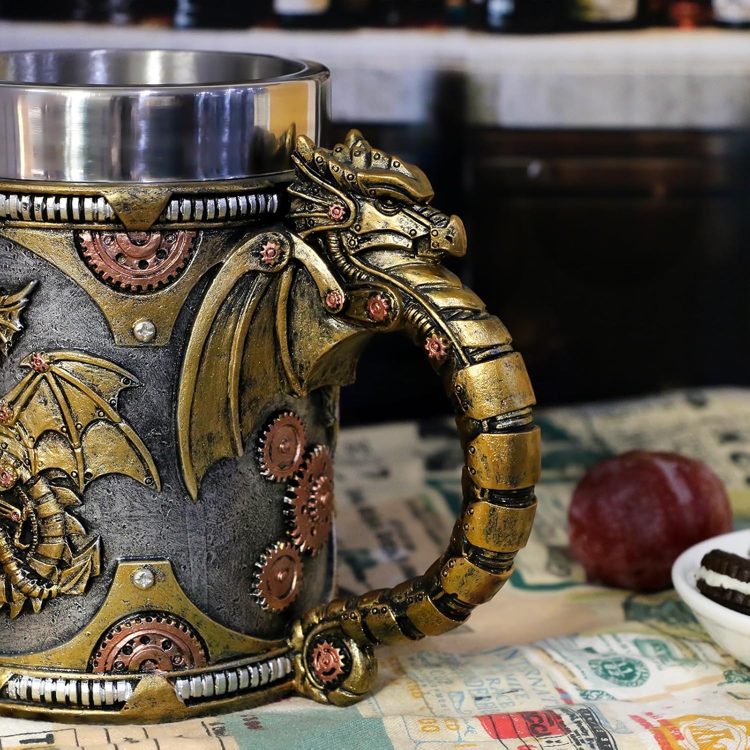 alikiki Medieval Steampunk Dragon Mug - Large Coffee Mug Mechanical Dragon D&D Gift for Men Father's Day Gifts - 21OZ Stainless Steel Party Gaming Mugs Beer Tankard - Image 6