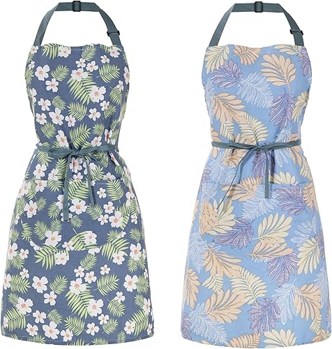 Paquete de 2 delantales florales para mujer con bolsillos, delantales de chef ajustables de algodón para cocina, cocina, barbacoa y parrilla