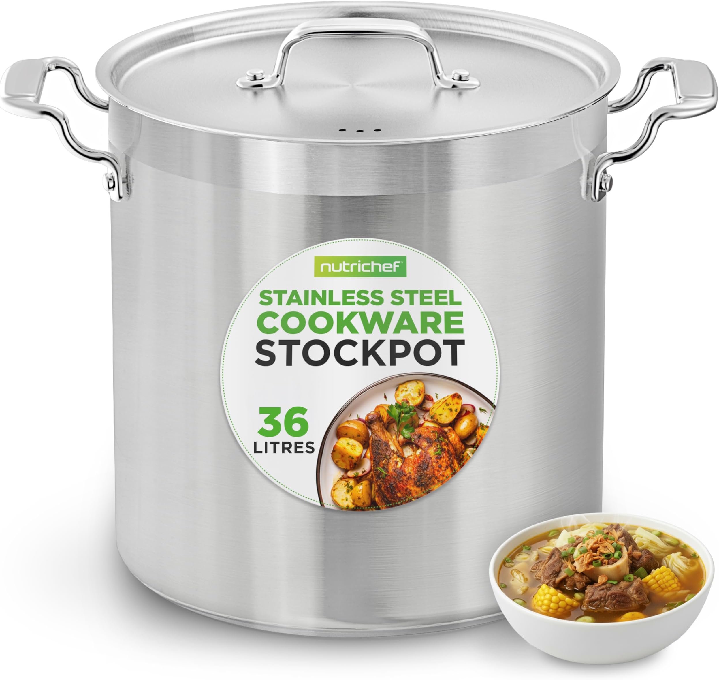 NutriChef Stainless Steel Cookware Stockpot, 36 Litres Heavy Duty Induction Soup Pot with Stainless Steel Lid and Strong Riveted Handles, Even Heat Distribution, Compatible with Most Cooktops