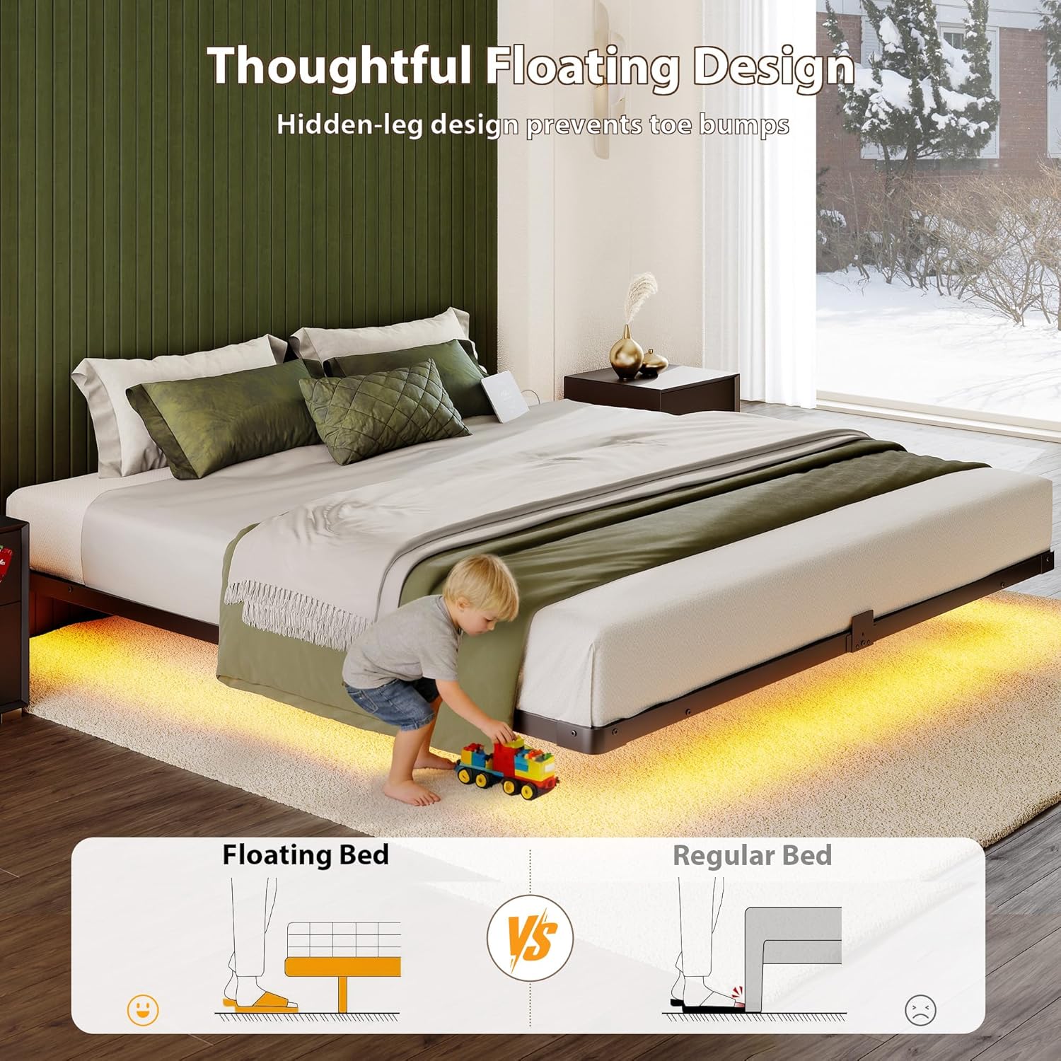 Bed Frame King Size, Floating King Bed Frame with LED Lights & Charging Station, Metal Platform Bed Frame with 2 USB & 1 Type-C Ports, Heavy Duty, Noise-Free, No Box Spring Needed, Black