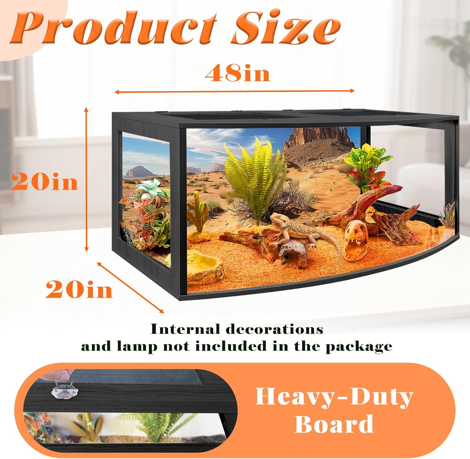 PROLEE Bearded Dragon Tank, Curved Reptile Enclosure with 3-Side Clear Acrylic Panels, Spacious Lizard Tank with Metal Mesh Top and Lockable Door for Reptile Habitat (Black, 48" Length,80 Gallons)