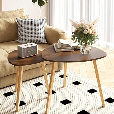 BAMEOS Bamboo Nesting Triangle End Table,Set of 2 Coffee Table Modern Minimalist Side Table for Living Room (Walunt)