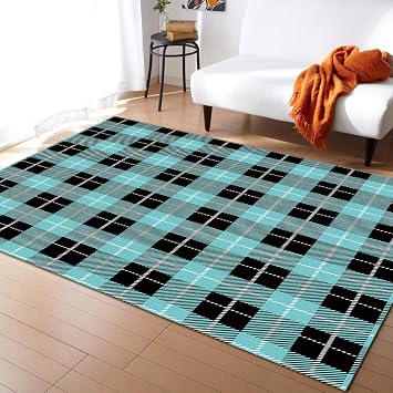 Large Area Rugs 5 x 7 Throw Carpet Floor Cover Nursery Rugs for Children/Kids, Aqua and Black Buffalo Plaid, Modern Kitchen Mat Runner Rugs for Living Room/Bedroom, Checkered