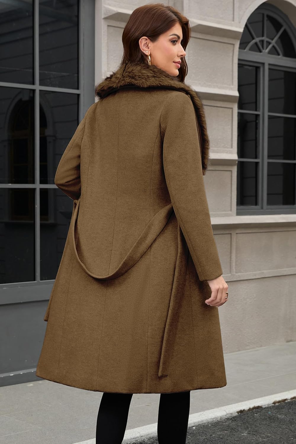 PAPILLON D'OR WEAR YOUR WINGS Women's Long Wool Coat - Double-Breasted Belted Trench with Detachable Faux Fur Collar - Image 6