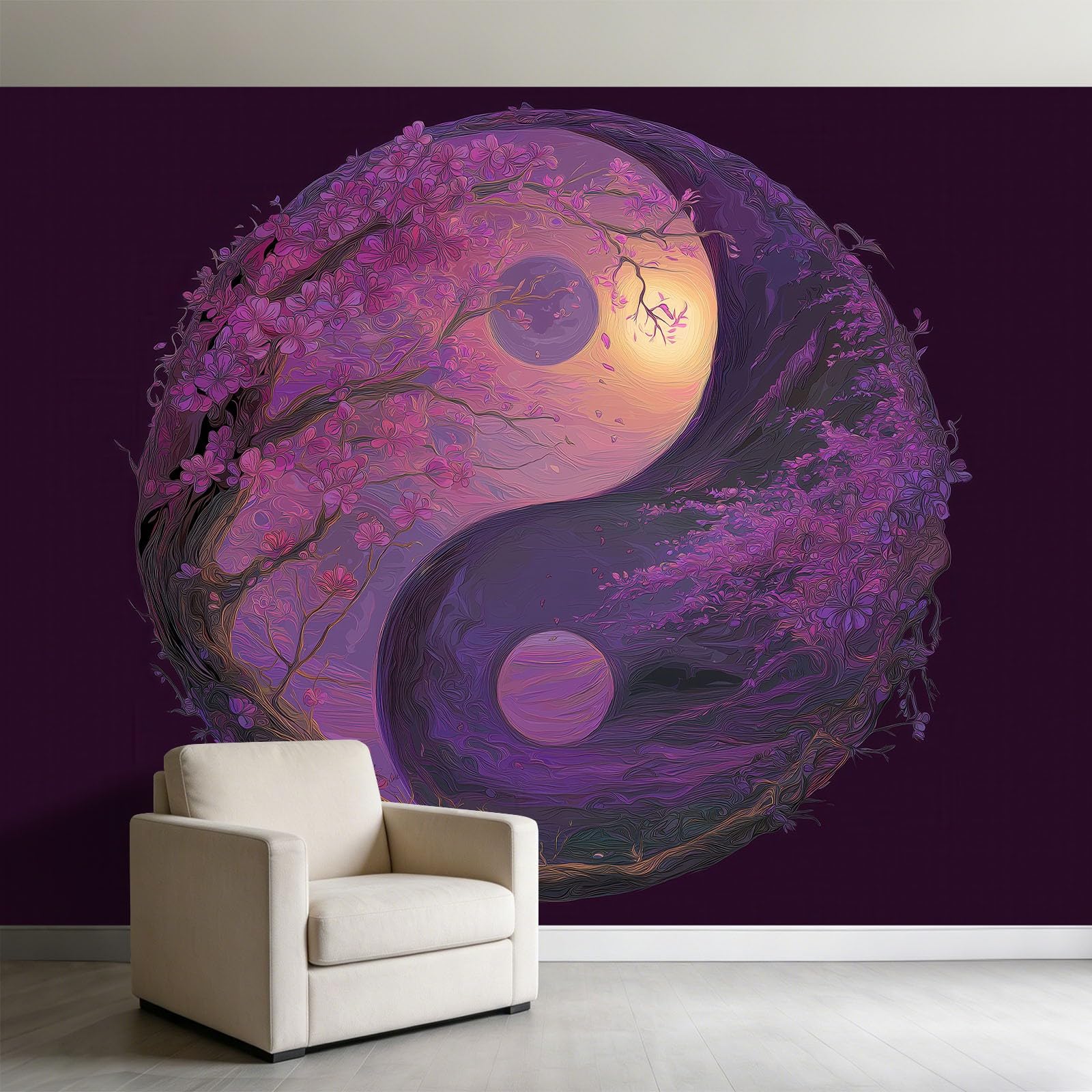 Panoramiczna tapeta 3D 250 x 175 cm fantazyjne kwiaty wiśni symbol Yin i Yang tapeta z włókniny, plakat ścienny do salonu, dekoracji pokoju dziecięcego, łatwy montaż, fioletowy