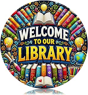 Welcome To Our Library Tin Sign, 12X12 In Reading Room Library Wall Decor | Colorful Book‑Lover Metal Wall Plaque For Library, Reading Room, Classroom, Home Accent, Thoughtful Gift For Librarians
