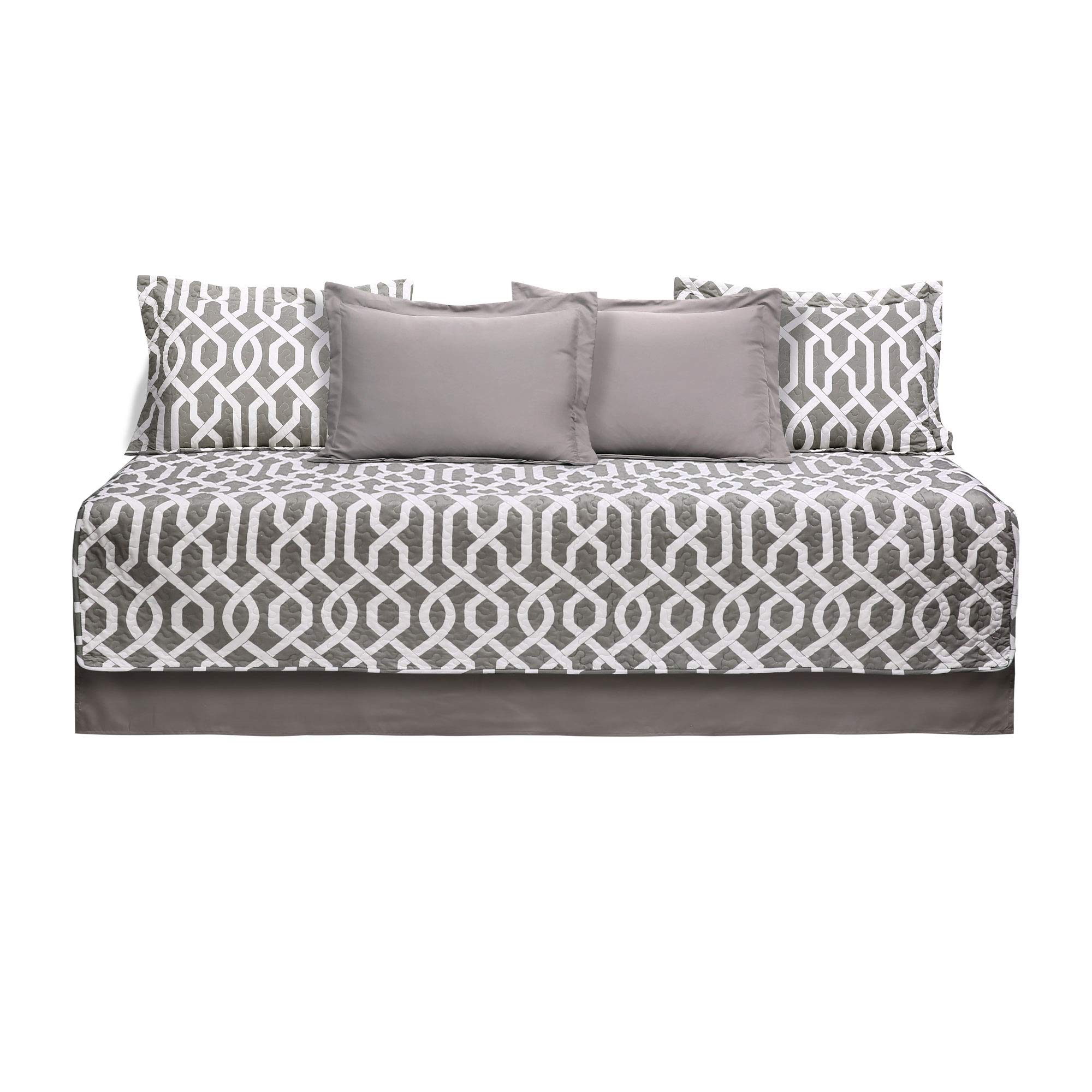 Lush Decor Edward Trellis Patterned 6 Piece Daybed Cover Set Includes Bed Skirt, Pillow Shams and Cases, 75" X 39", Gray and White