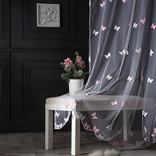 Sheer Curtains, 84 Inches Long, 2 Panel Set, White Voile with Linen Lace, 3