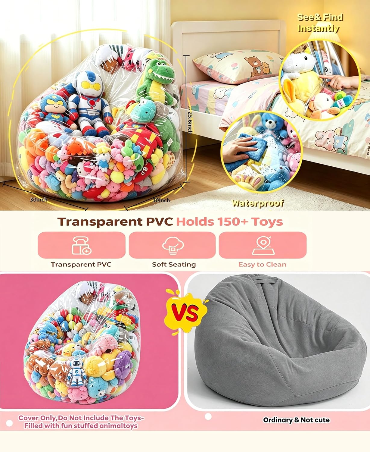 Clear Stuffed Animal Chair with 3 pcs Inflatable Protective Packaging Bag - Creative Storage Organizer & Seat, Waterproof PVC, Protect Your Beloved Toys and Showcase Them