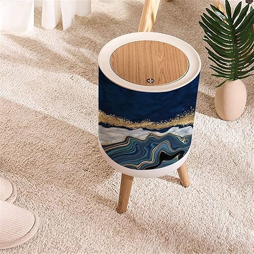 Miniatura 3 de Bote de basura pequeño con tapa, ágata azul abstracta con venas doradas, mármol blanco, pintado redondo, papelera de reciclaje a prueba de perros,