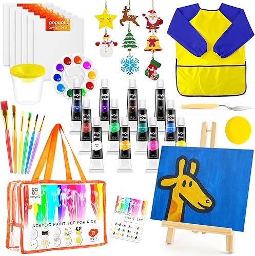 POPYOLA Juego de pintura acrílica para niños con bolsa de regalo portátil, suministros de arte, juego de pintura para niños con pinturas no tóxicas,