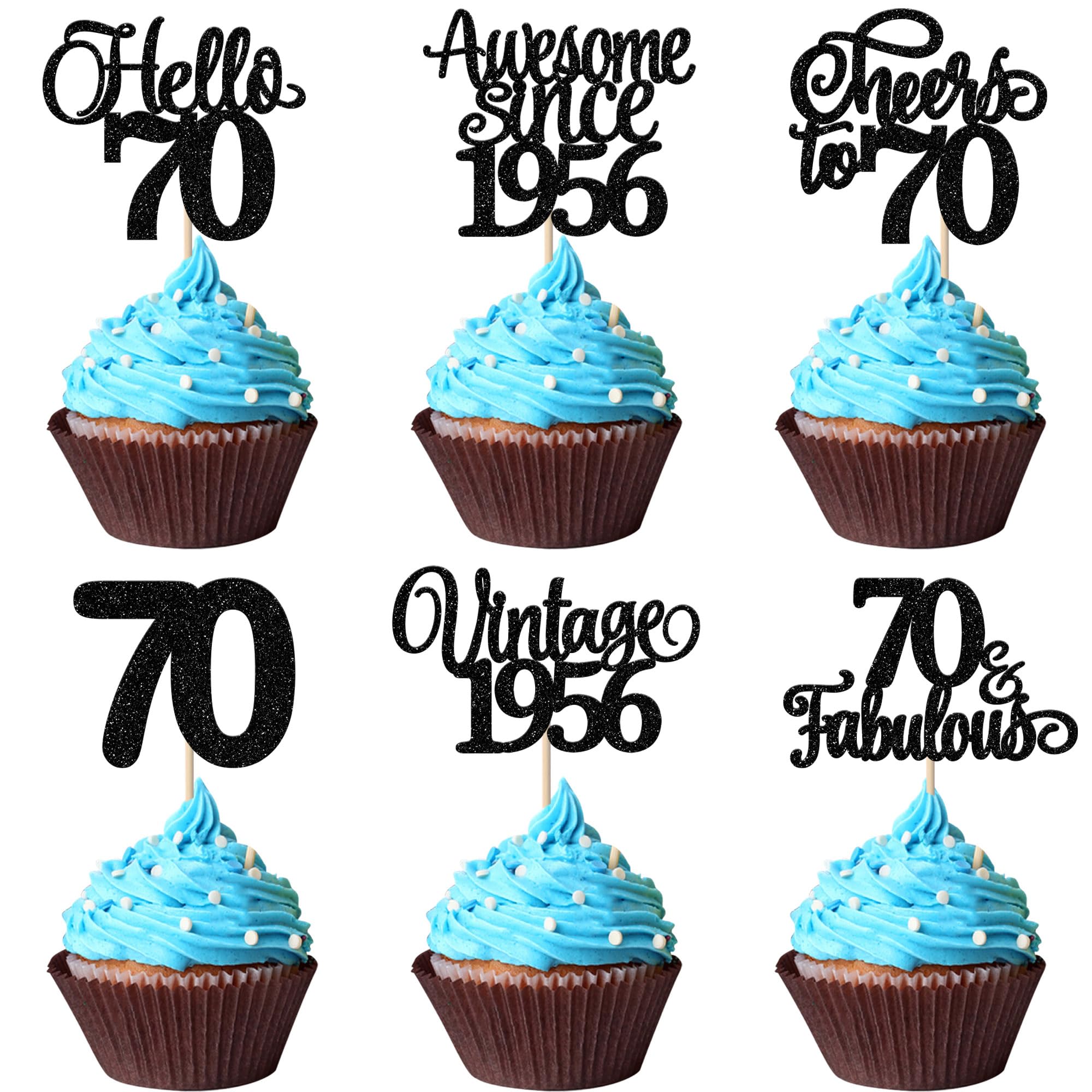 Xsstarmi 24 Pack Vintage 1956 Cupcake Toppers Glitter Black Hello 70 Fabulous Cupcake Picks Cheers to 70 Years Birthday Cake Decorations for Happy 70th Birthday Anniversary Party Supplies
