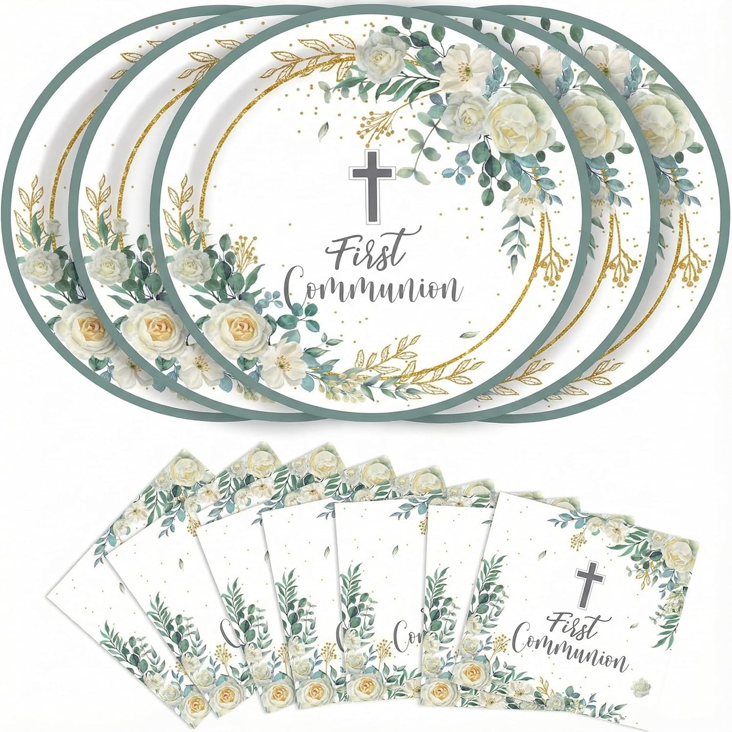 Dereinwo 50 Pcs First Communion Paper Plates and Napkins Disposable Paper Plates for Baptism Party Supplies