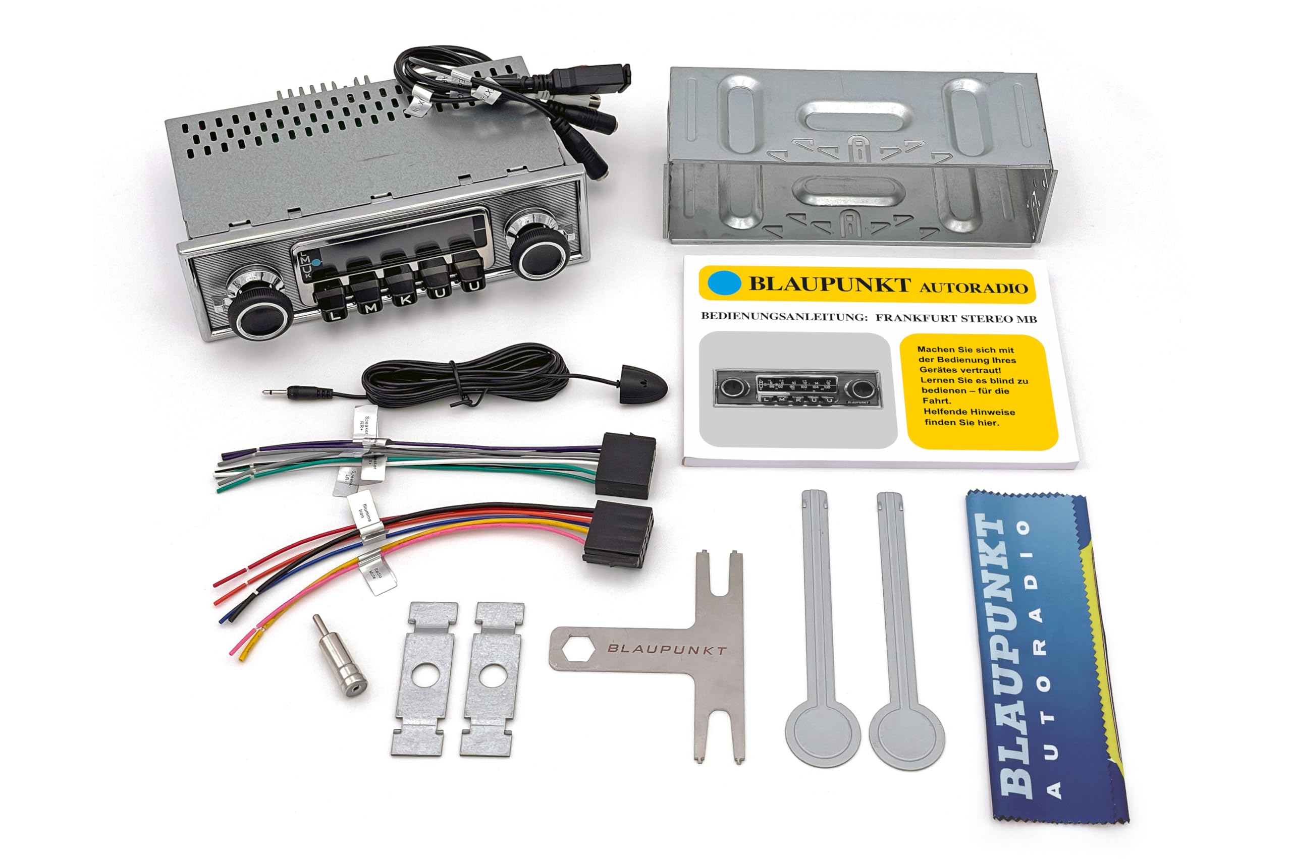 Blaupunkt Frankfurt Stereo MB, 1-DIN Autoradio, Oldtimer-Design mit Nadelstreifenfront und Chromrahmen, DAB+, Bluetooth, USB, Aux-Eingang, Lenkradfernbedienung, Sub-Out, 4x50Watt, 12v