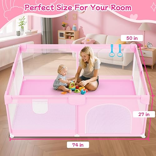 Miniatura 8 de Corralito grande para bebés de 74 x 50 pulgadas, corralitos de juego para bebés y niños pequeños con 2 asas, área de juego de valla de seguridad