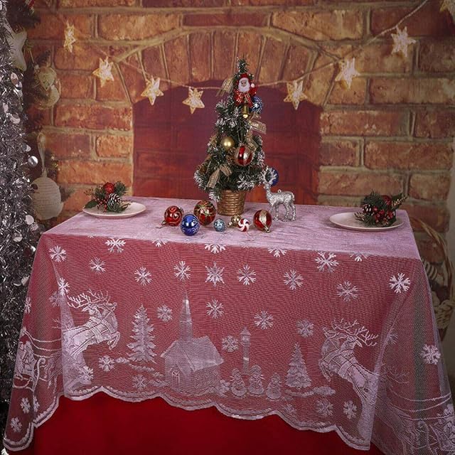 Christmas Lace Tablecloth Christmas Reindeer Tableware Snowflake White Table Cover Christmas Decoration (Rectangle Tablecloth 160x230cm)