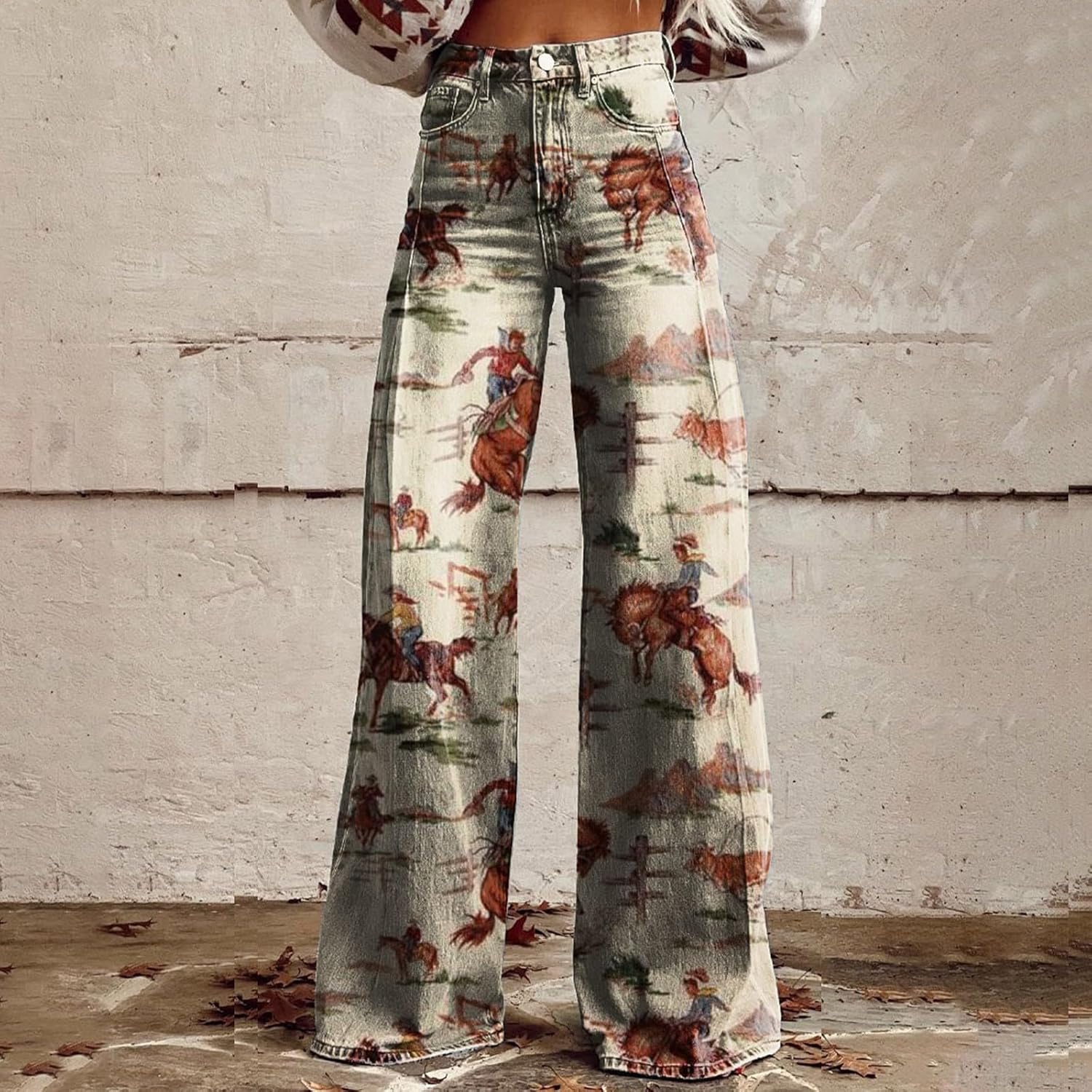 Women's Flare Jeans Wide Leg Baggy Pant Vintage Floral Printed High Waisted Straight Stretch Pants with Pockets