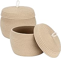 Vista 55 de Sea Team Cesta de almacenamiento redonda de cuerda de algodón con tapa, cesta de almacenamiento tejida con pompones de arcoíris coloridos, maceta