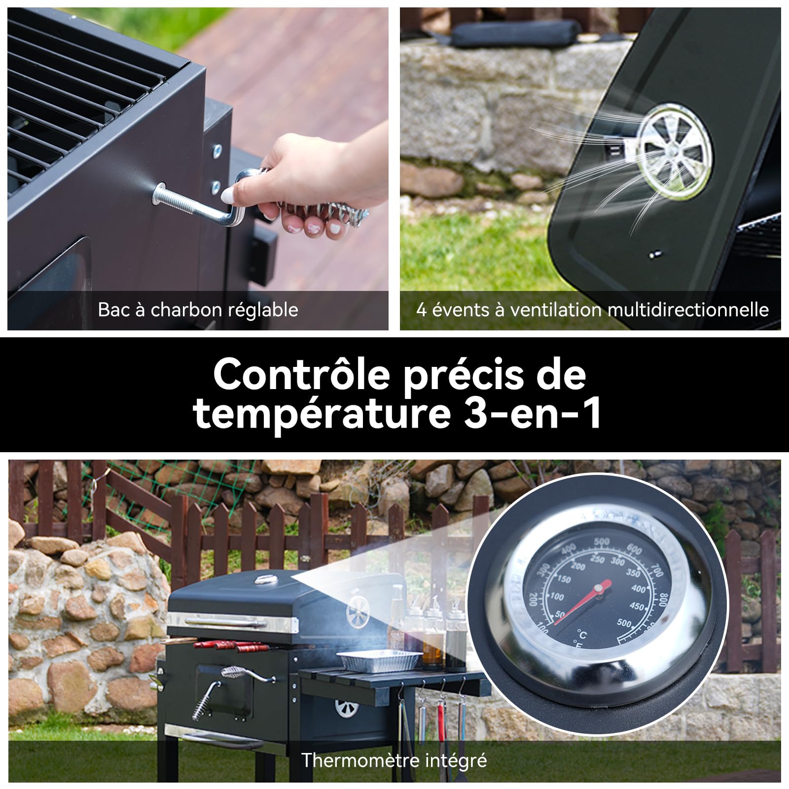 Barbecue Charbon de Bois, Gril avec Couvercle, Surface de Cuisson: 56×42,5 cm, Bac à Charbon Réglable en Hauteur, Table Latérale Pliante, Housse Barbecue Incluses