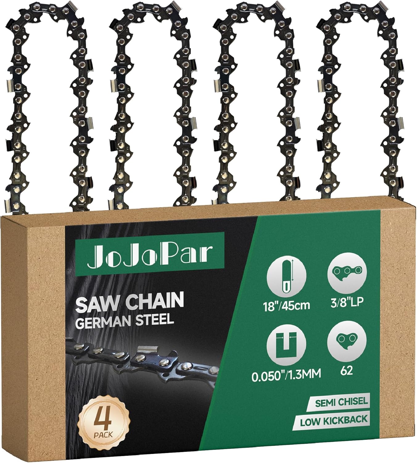4 Pack 18 Inch Chainsaw Chain 3/8" LP Pitch .050" Gauge 62 Drive Links Low Kickback Saw Chains Compatible with Husqvarna Echo Kobalt Poulan Ego Craftsman Greenworks and More and More S62