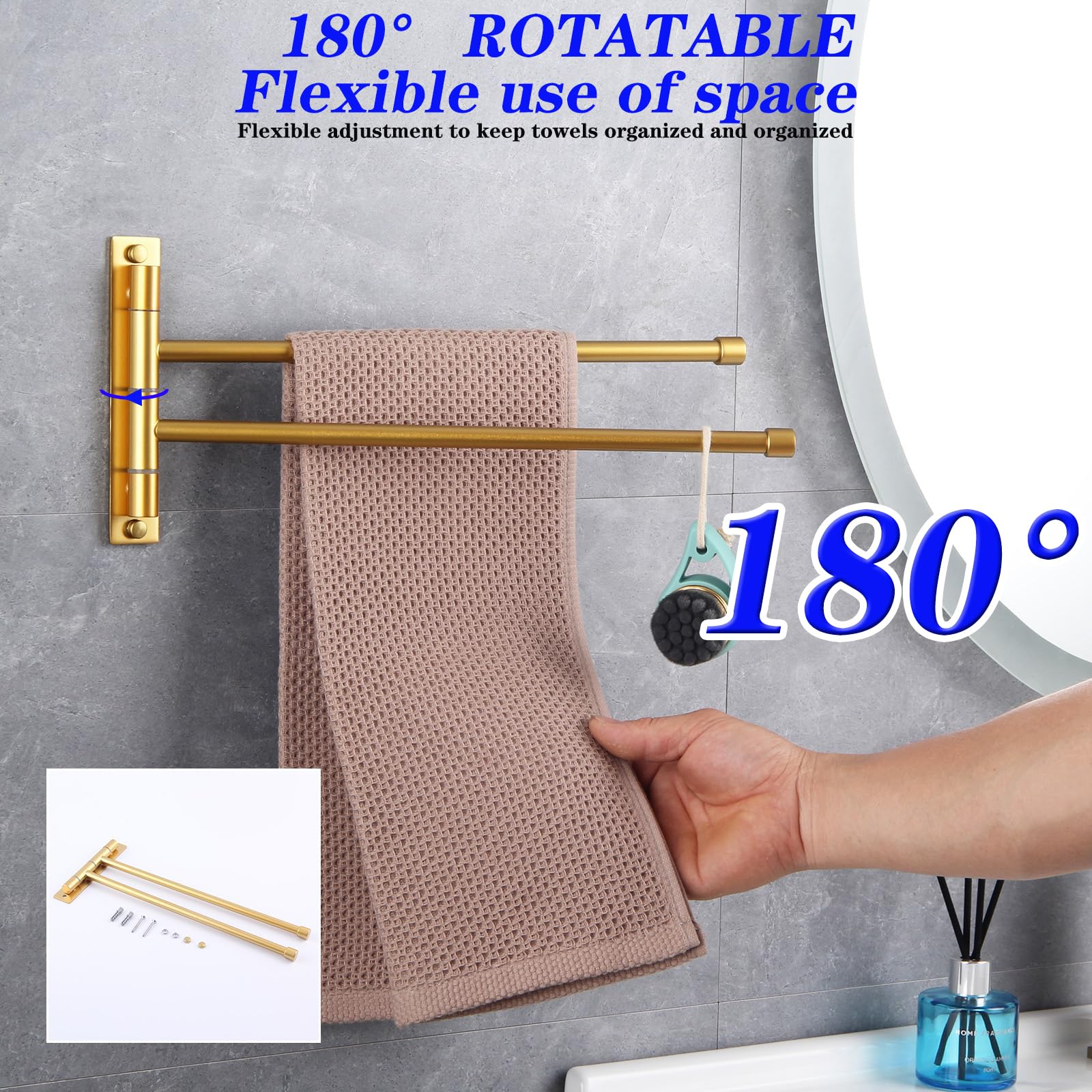 GERZWY Bathroom Swing Arm Towel Bars 2-Arm Wall Mount Stainless Steel Bath Towel Rack Hanger Towel Holder Organizer Gold Finished HYG02-BE - Image 3