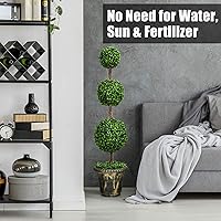 Vista 8 de GORELAX Árbol artificial de boj de 4 pies, bolas triples Topiary en maceta de plástico rellena de cemento, plantas sintéticas para porche delantero