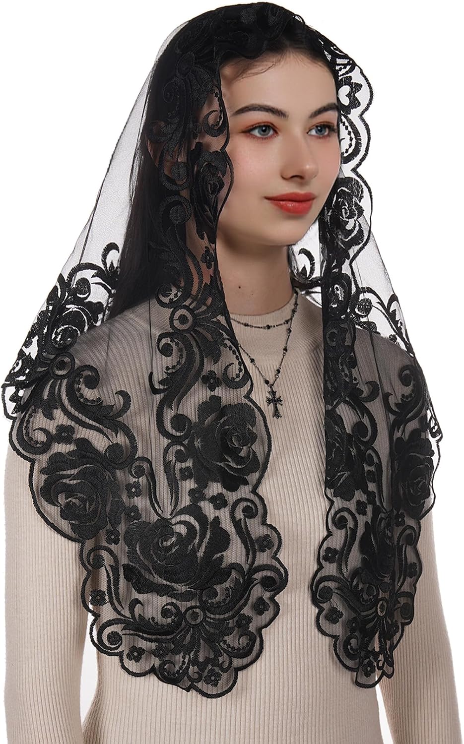 Bozidol Catholic Veils for Women Mass, Christian Floral Cross Embroidered Lace Mantilla Chapel Veil for Church Head Coverings