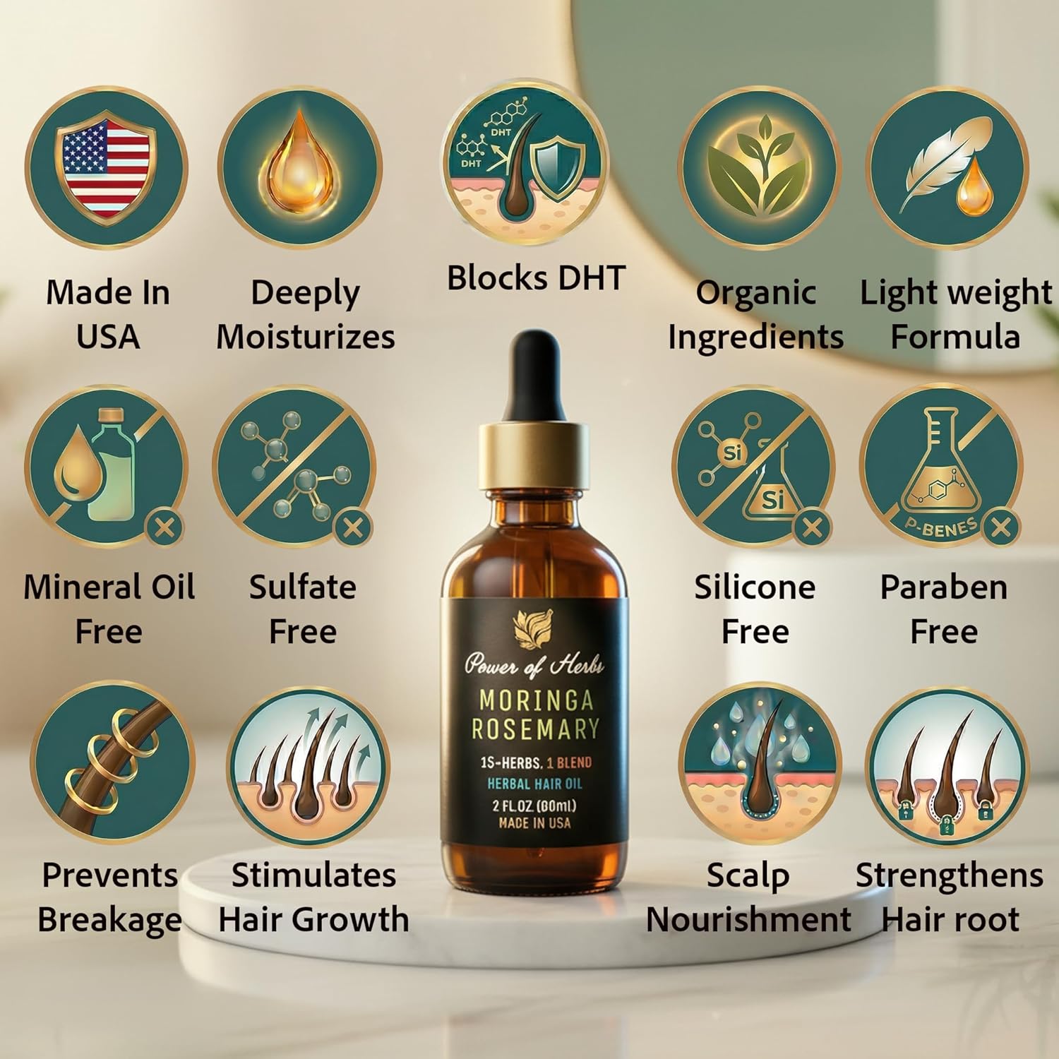 Moringa Rosemary Hair Oil with Amla, Bhringaraj, Pumpkin seed, Almond, Neem, Fenugreek, Infused with Biotin & Vitamin E, Reduces Hair Fall & Thinning, Supports Growth & Scalp Nourishment, Made in USA