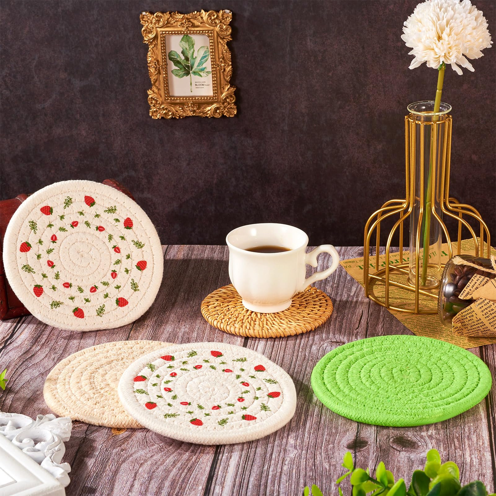 Handmade Woven Rattan Drink Coasters 8pcs Boho Cotton Coasters Farmhouse Non-Slip Absorbent Set Heat-Resistant Drink Coasters for Coffee Table Housewarming Gifts Home Decor Protecting Table - Image 2
