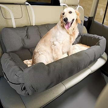 Dog Car Seat | Dog Booster Seat for Small, Medium, Large Pets Under 100 lbs | Adjustable Straps, 2 Safety Leashes, Reversible Cushion, Side Pockets, Non-Slip Bottom Gray, Medium to Large Dogs