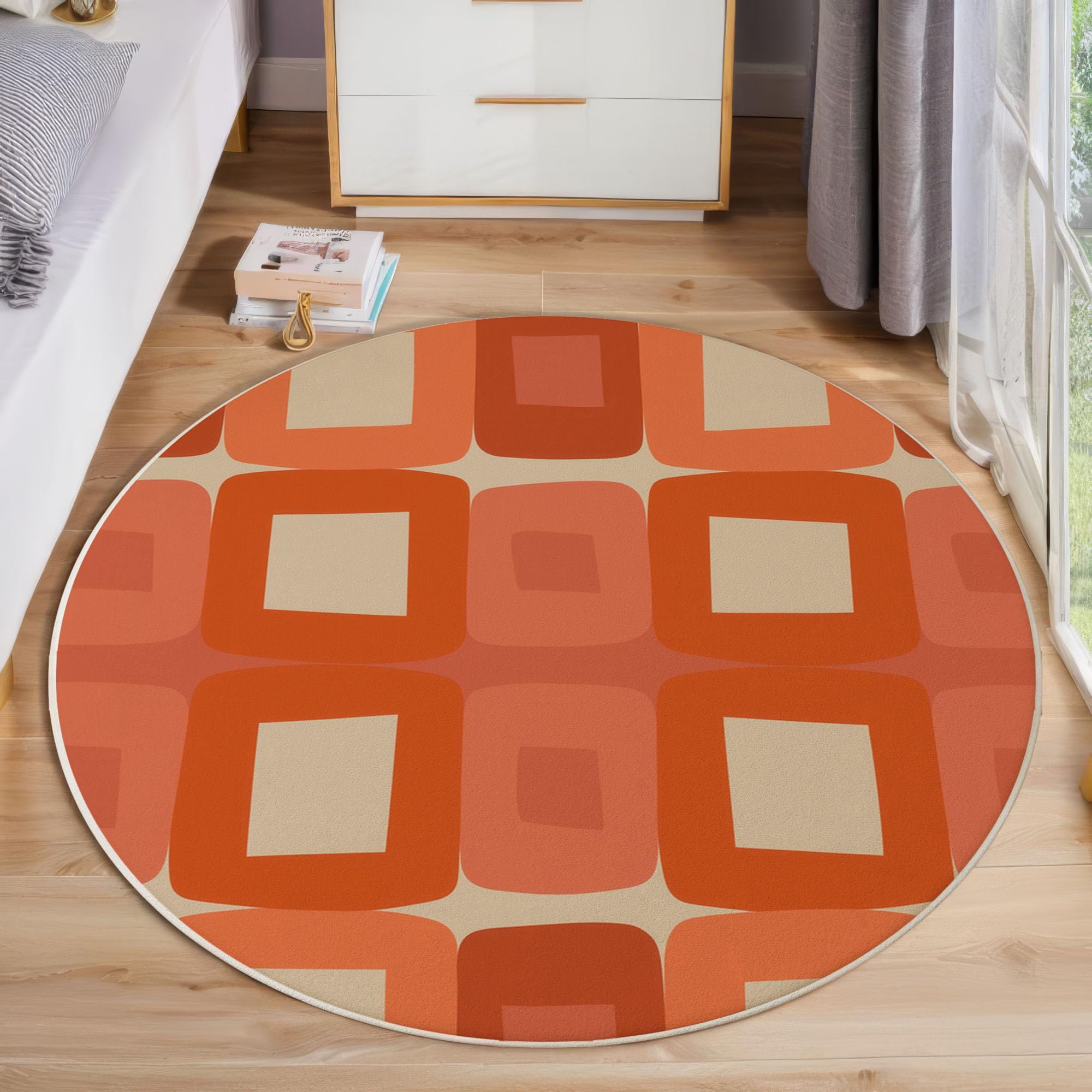 Tapis rond 60cm orange foncé moderne et géométrique pour salon