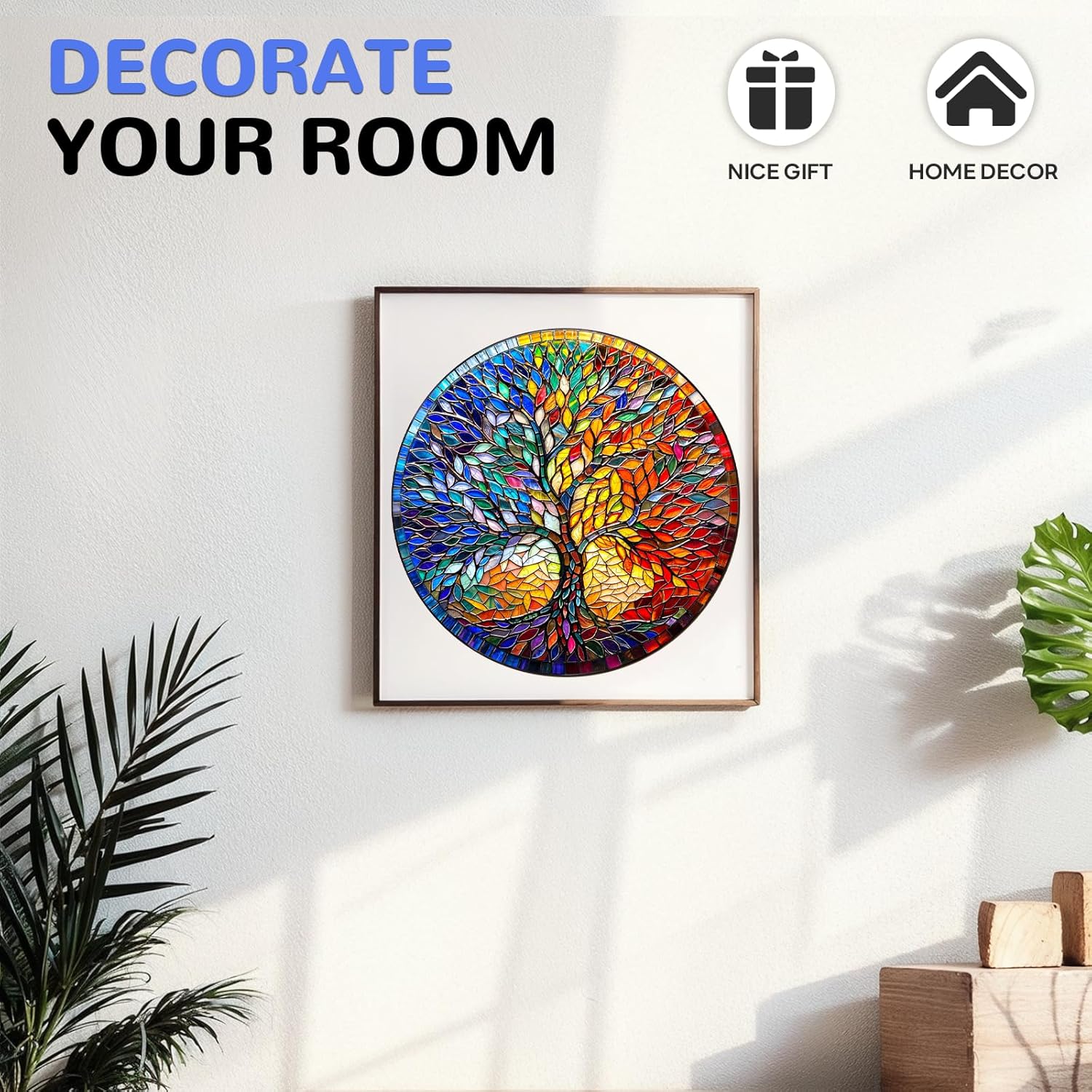Wooden Puzzles for Adult, Tree of Life Wooden Jigsaw Puzzle, Unique Shape Stained Glass Tree Wood Cut Puzzle with Beautiful Wooden Box, Family Game Puzzle Lovers Gifts (M-11.4 * 11.4in-200pcs)