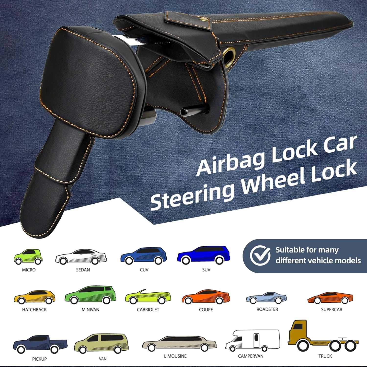 Car Anti Theft Lock, Leather Anti-Theft Car Device Fit Any Brand Vehicle or Truck, Steering Wheel Lock with 2 Keys Stainless Steel Black