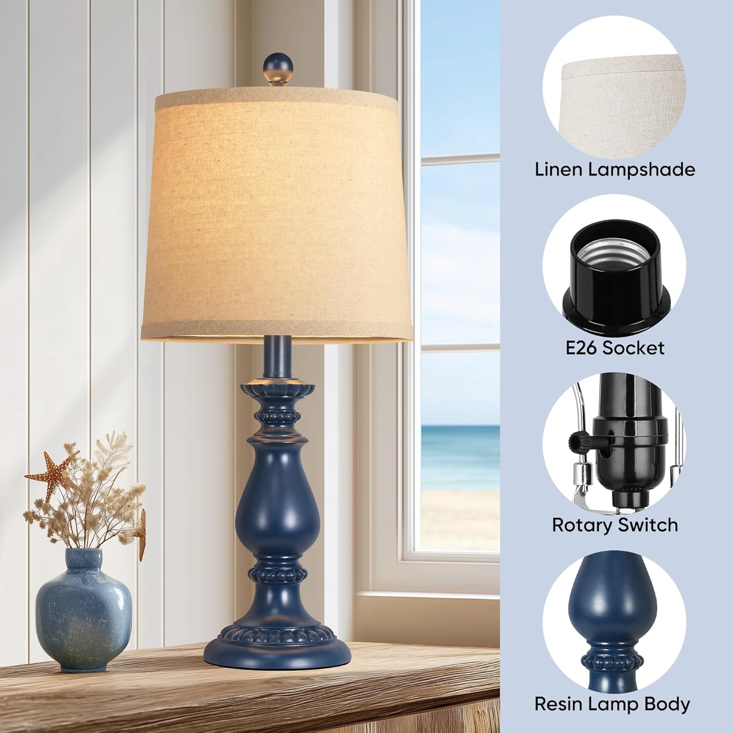 QiMH Farmhouse Table Lamp Set of 2, Rustic Table Lamps for Living Room, Vintage Nightstand Lamp with Rotary Switch, Beside Lamps for Bedroom, Traditional Table Lamps with Linen Shade, Blue