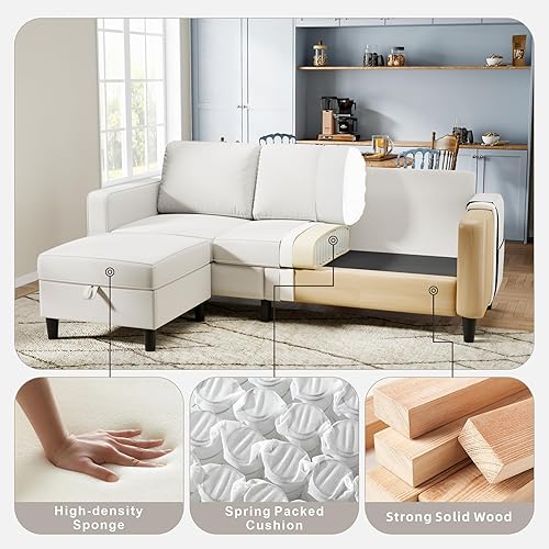 Miniatura 3 de Sofá modular para sala de estar, sofá beige de 3 plazas en forma de L con otomana de almacenamiento, cómodos sofás seccionales convertibles de lino