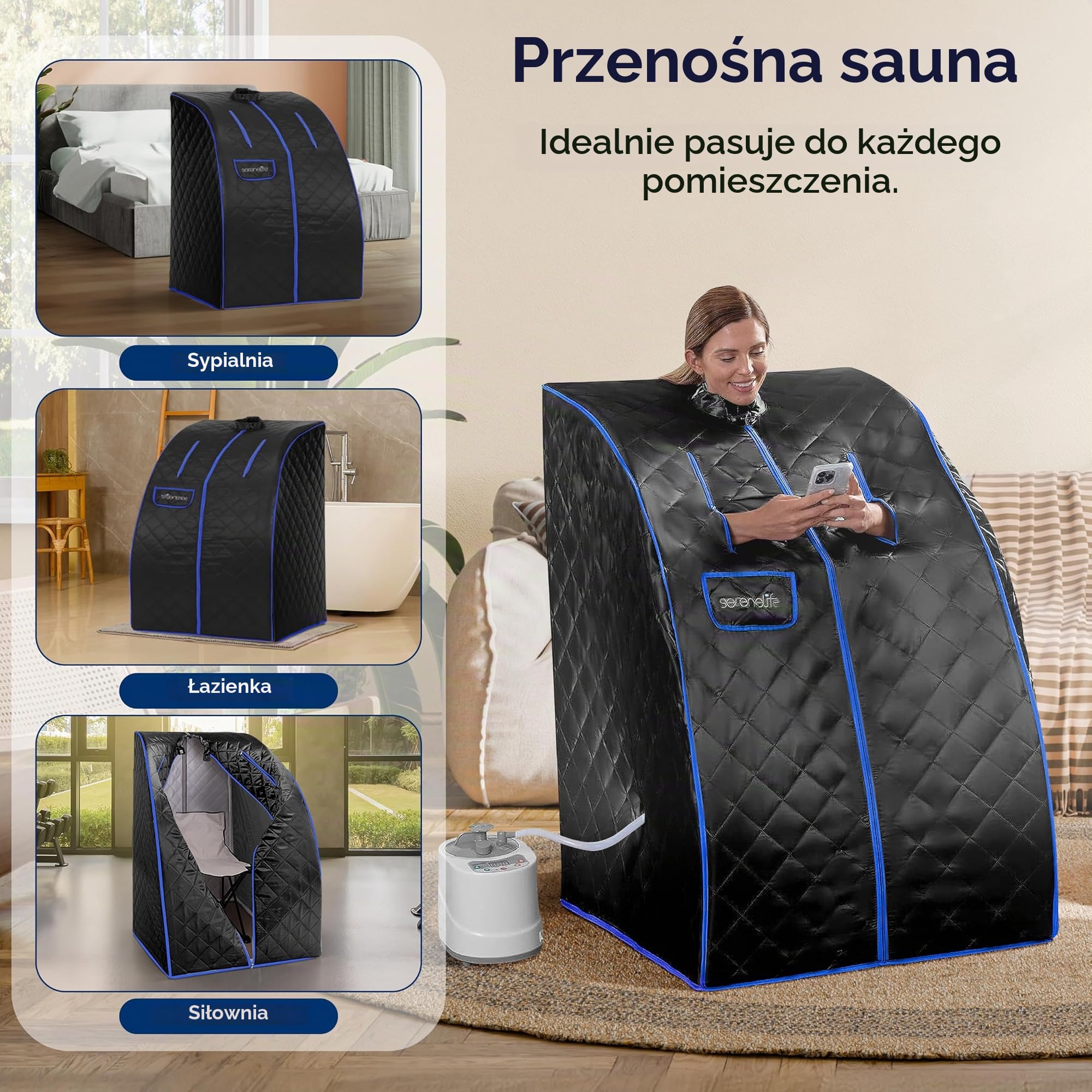 SereneLife Przenośna domowa sauna parowa dla jednej osoby, idealna do detoksykacji i utraty wagi, kolor czarny.