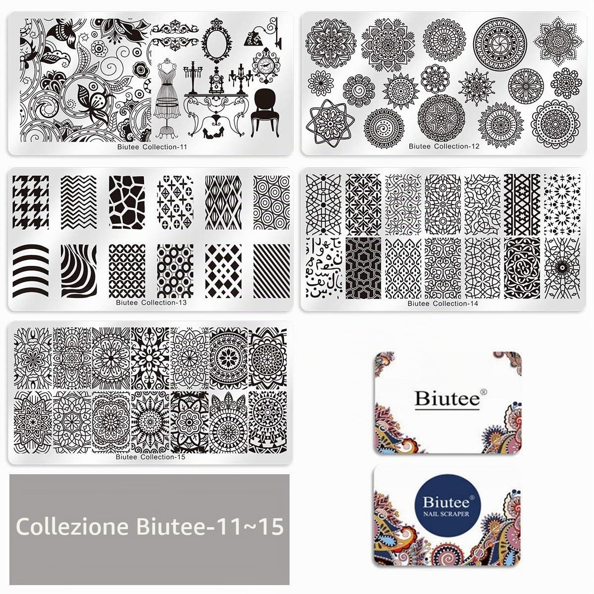 Biutee 15 pcs Gel Stamping Nail Art Prodotti Manicure Gel, 1 Timbri per Unghie, 2 Raschietti, 1 Busta per Conservarli, Stampo UnghieGeometrico Semipermanente