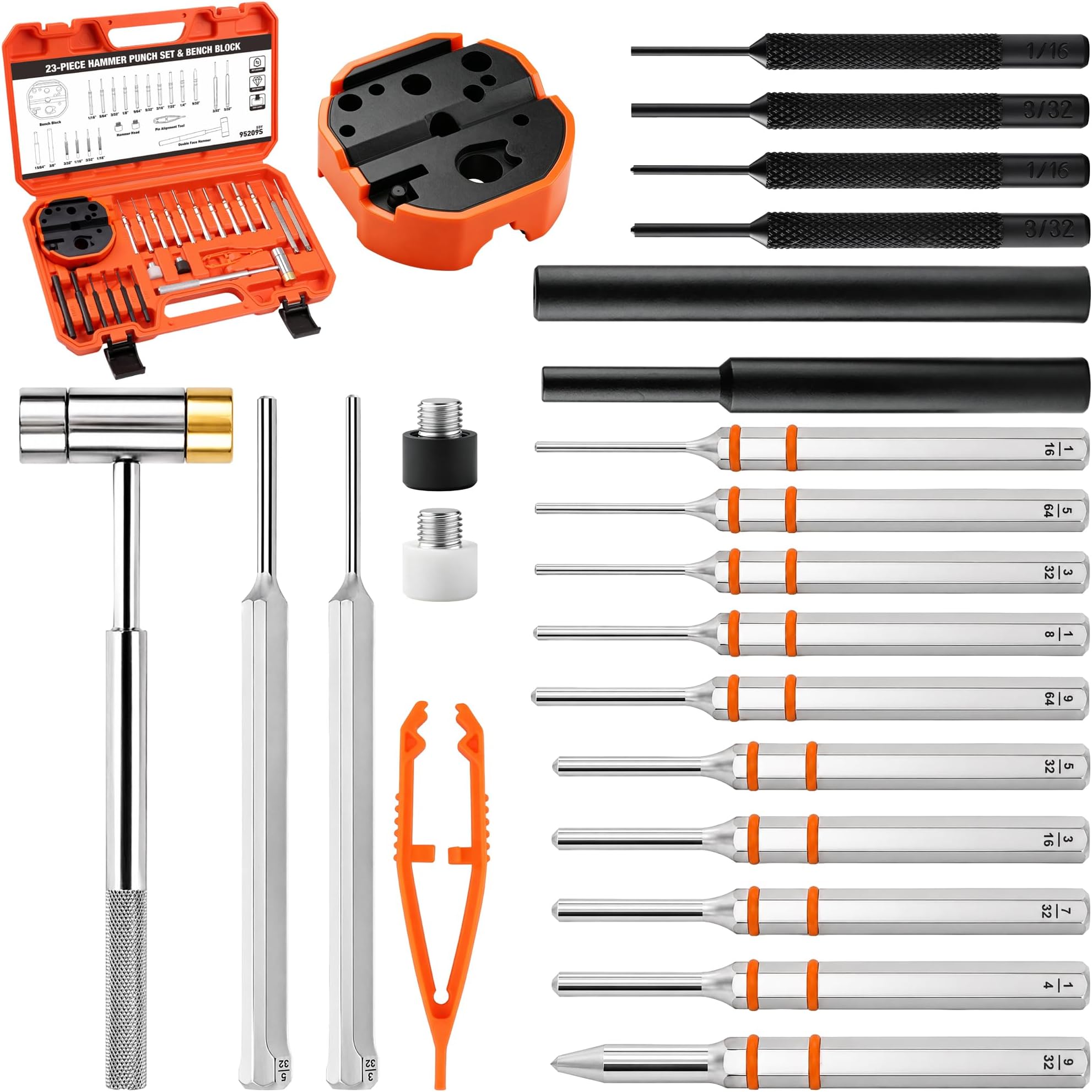 HORUSDY 23-Piece Punch Set Roll Pin Punch Set and Hammer with Bench Block, Punch Tool Ideal for Maintenance