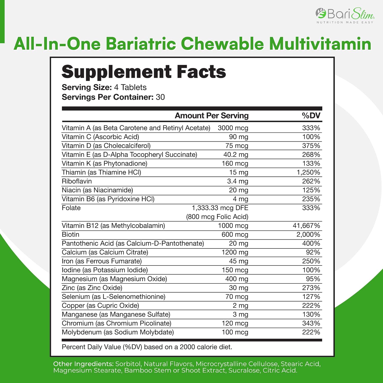 BariSlim All-in-One Bariatric Chewable Multivitamin Tablets - 1200 mg Calcium Citrate - Bariatric Vitamin for Post Bariatric Surgery Including Gastric Bypass & Gastric Sleeve | Mixed Berry (120 Count)