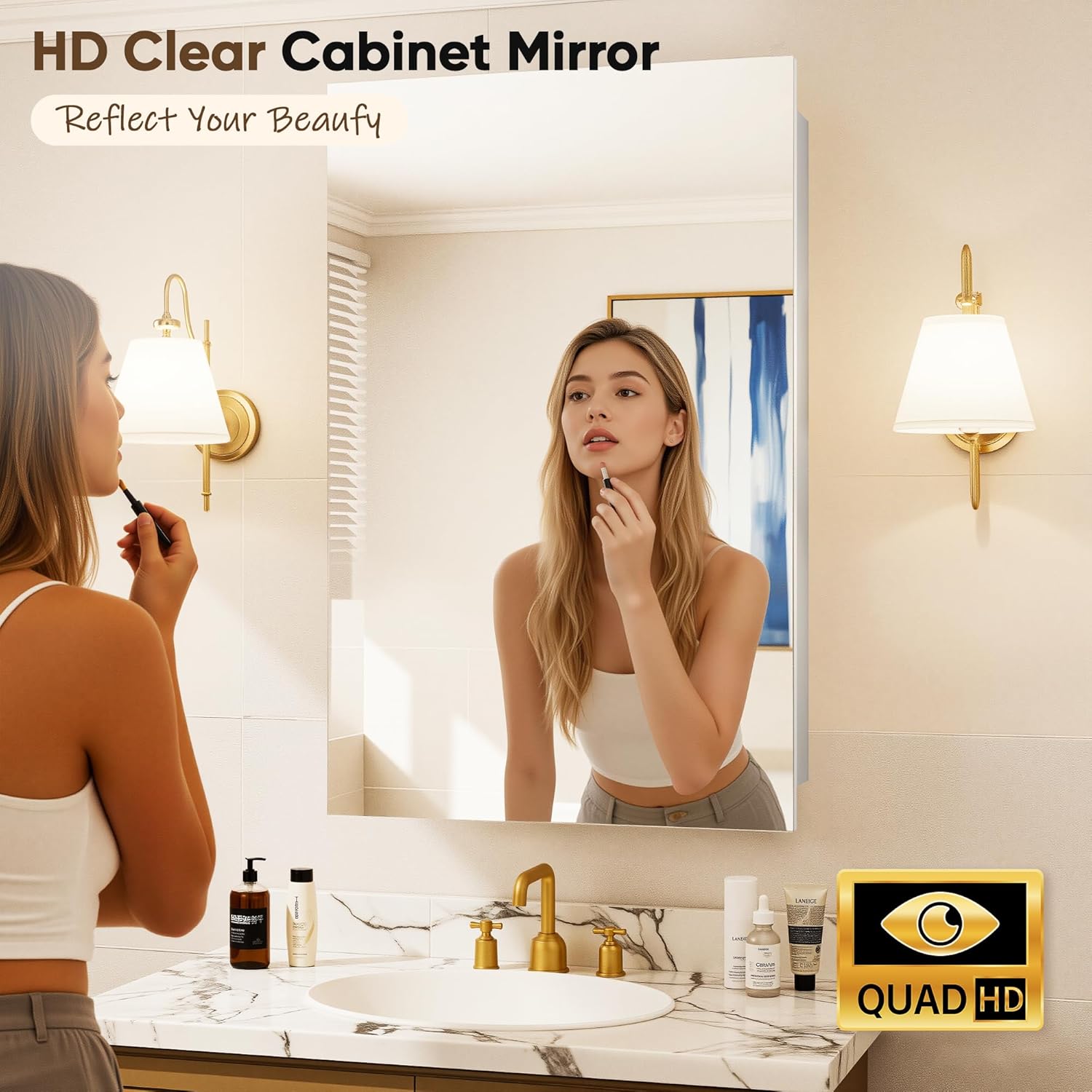 Antok 16x25 Inch Medicine Cabinet with Mirror, Wall Mounted Bathroom Mirror Cabinet, Wooden Medicine Cabinet Mirror, Recessed or Surface, White