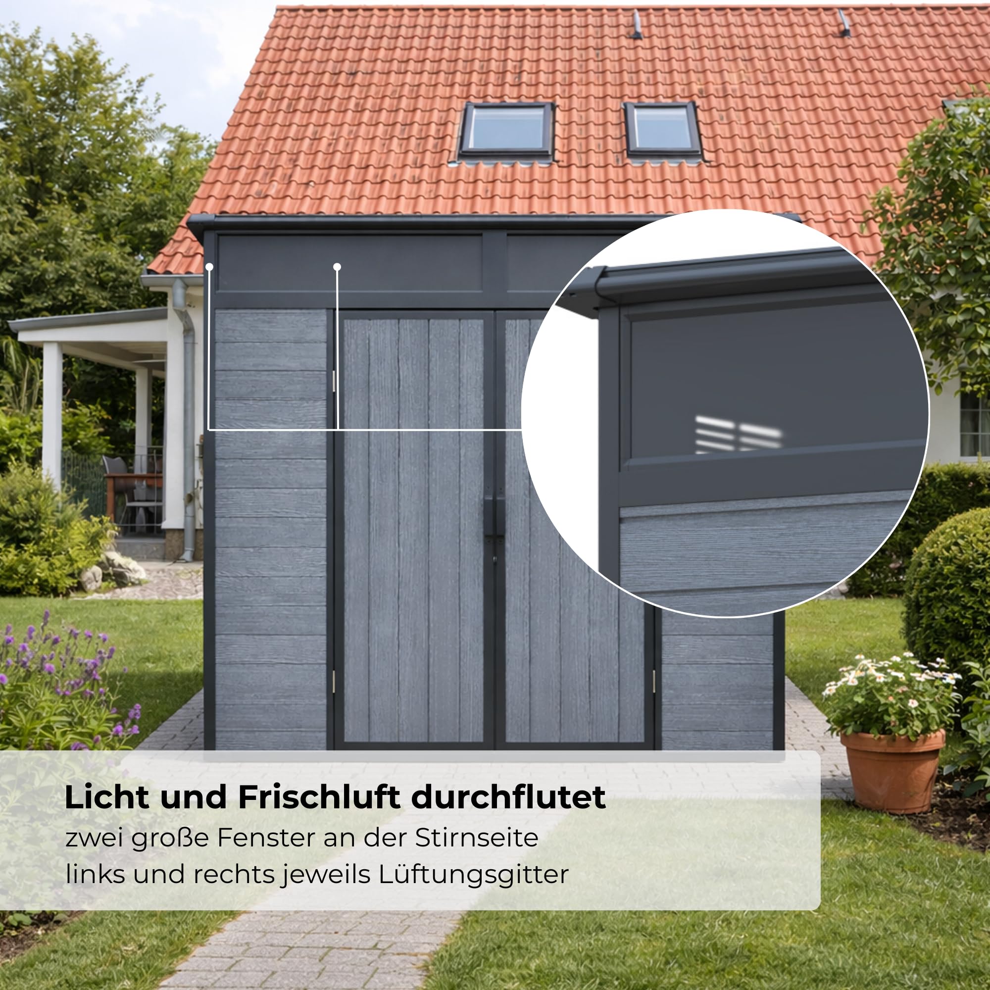 Gartenhaus Penta 4,4m² Kunststoff | Polypropylen (PP) Geräteschuppen witterungsbeständig 198 x 203 x 204 cm (B x T x H) dunkelgrau/schwarz