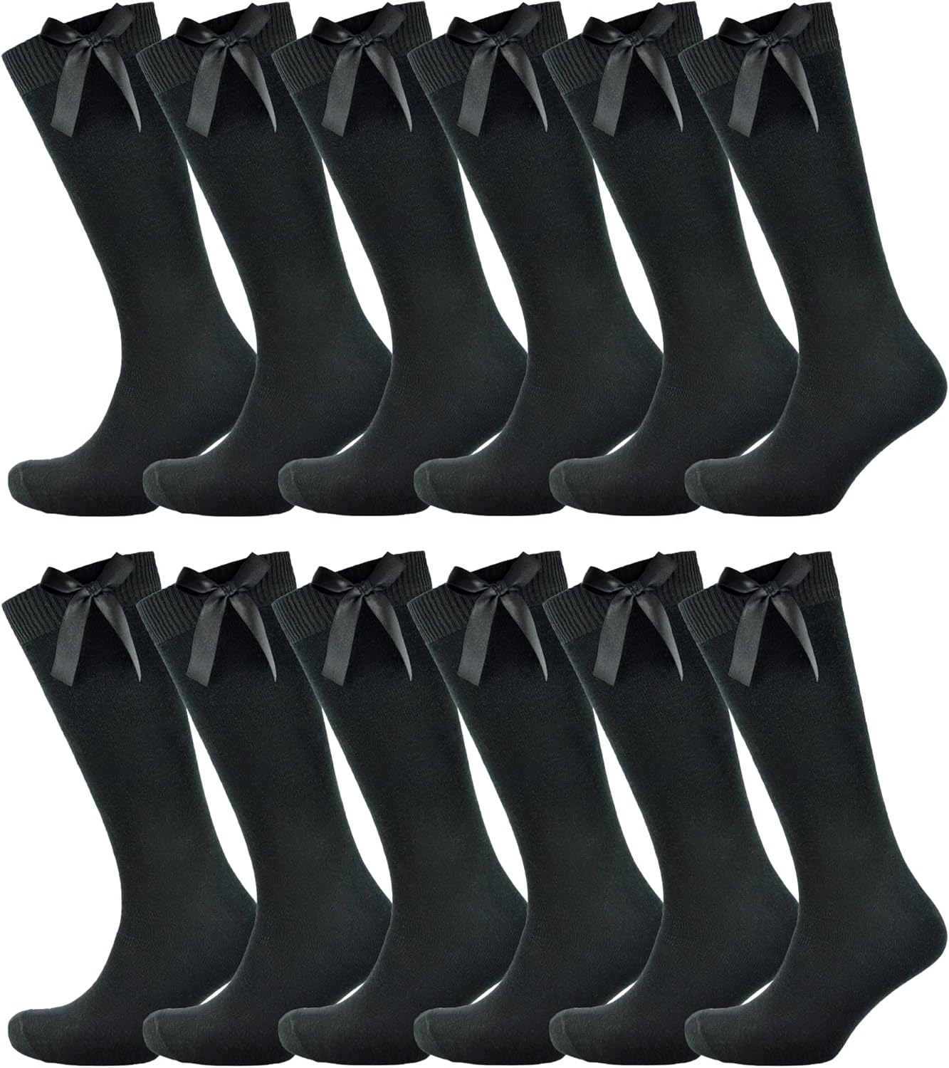 Girls 12 Pairs Knee High Socks With Ribbon Bow Black 12-3 (EU 31-34)