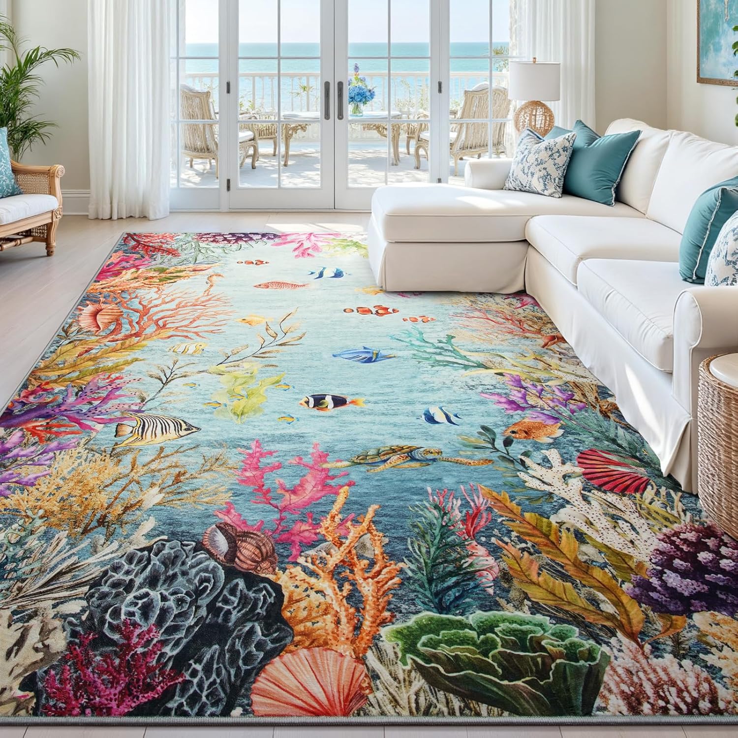 HOMORE Ocean Rugs 5x7 Washable Rug for Kids Room Non Slip Coastal Rug for Living Room Bedroom Nautical Coral Rugs with Fish Sea Turtles Jellyfish Seahorse Beach Carpet for Nursery Dorm, Gray Blue